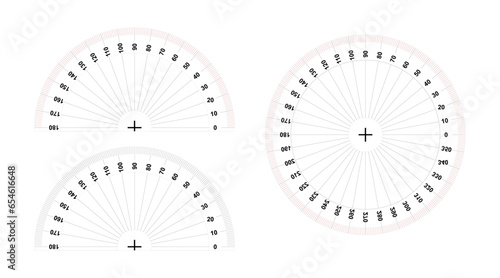 set of protractor 360 degrees measure and 180 degrees measure. printable protractor for angle measuring tool. vector illustration isolated on white background.