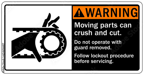 Crush and cut hazard warning sign and labels Moving parts and materials can cut and crush. Keep hands clear. Follow lockout procedure before servicing. Do not operate with guard removed