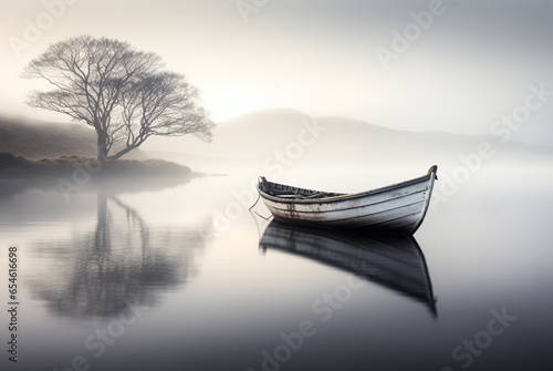 a small canoe suspended at midwater by foggy weather, in the style of scottish landscapes photo