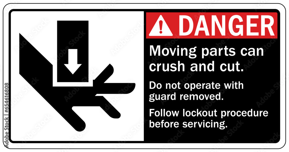 Crush and cut hazard warning sign and labels Moving parts and materials