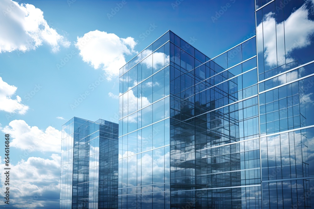 glass building with reflection of sky and clouds  - obrazy, fototapety, plakaty 