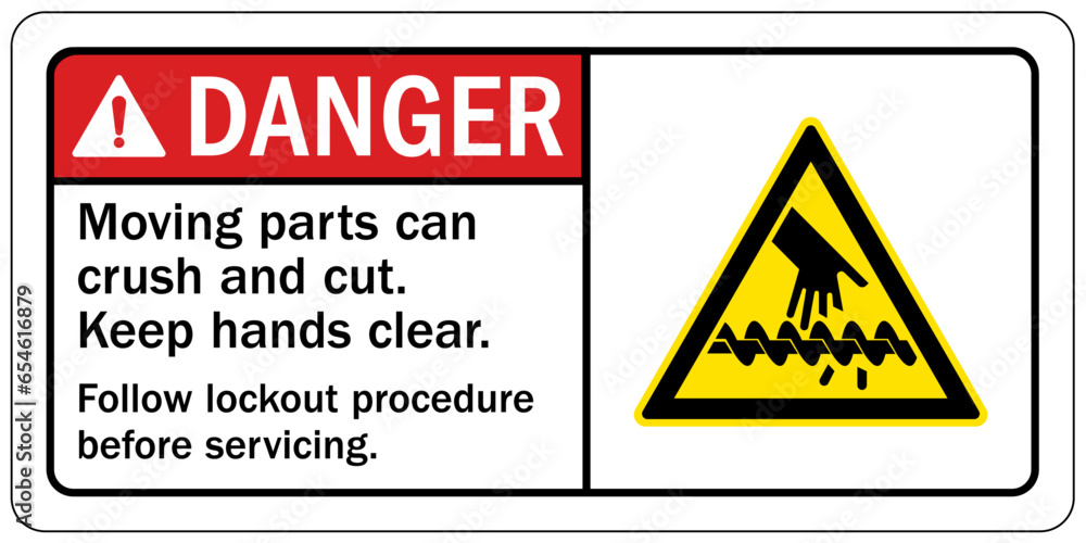 Crush and cut hazard warning sign and labels Moving parts and materials