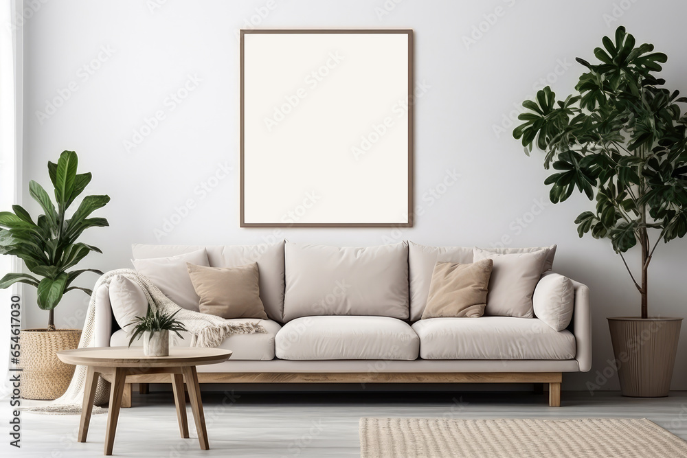 Mockup frame on wall and plants in pot and sofa in living room at home, mock up poster for presentation, your design for gallery photo and picture, border template and decoration for advertising. - obrazy, fototapety, plakaty 