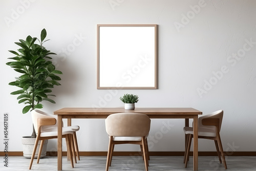 Mockup frame on wall and plants in pot and desk in living room at home, mock up poster for presentation, your design for gallery photo and picture, border template and decoration for advertising. © Sitti