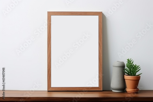 Mockup frame and plants in pot on table top at home, mock up poster for presentation on desk, indoor, your design for gallery photo and picture, border template and decoration for advertising. © Sitti