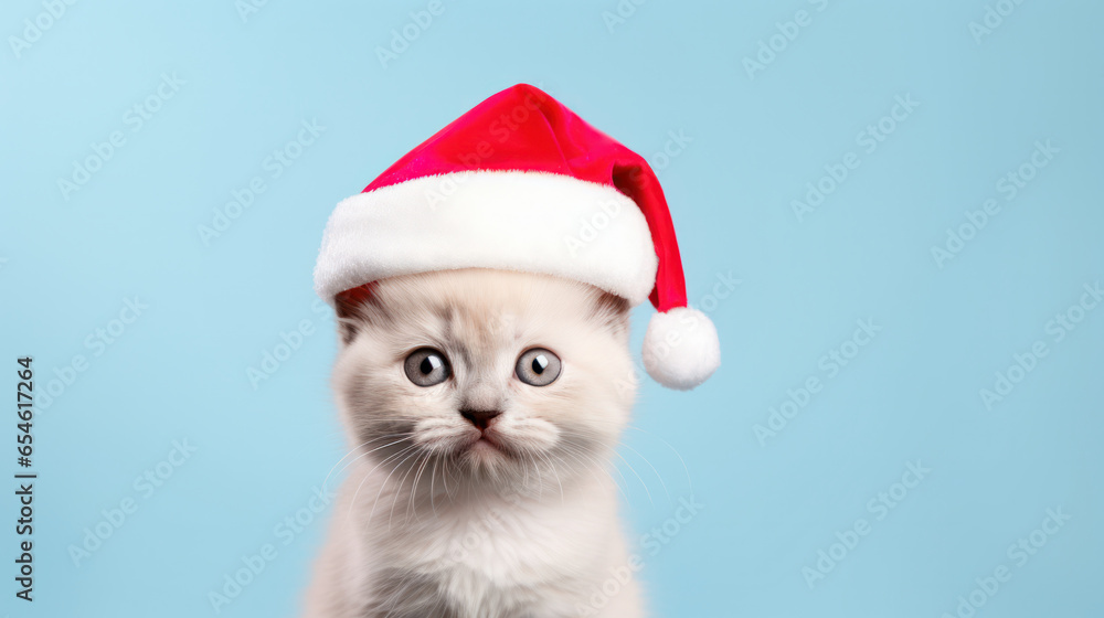 Cat in Santa Claus Hat with Blue Background, Christmas Festive Season, Copy Space. Generative AI Cat in Santa Claus Hat with Blue Background, Christmas Festive Season, Copy Space. Generative AI