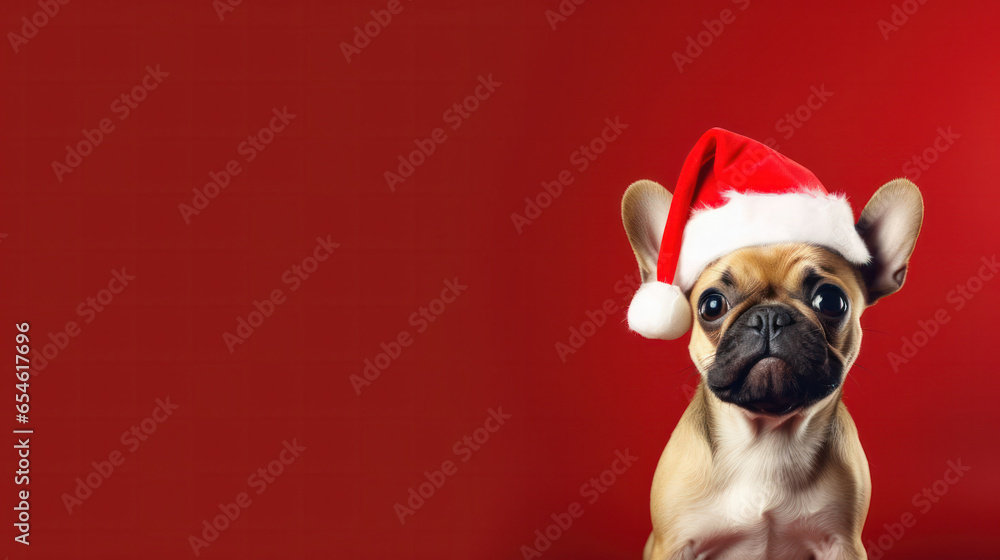 Pug Dog in Santa Claus Hat with Red Background, Christmas Festive Season, Copy Space. Generative AI