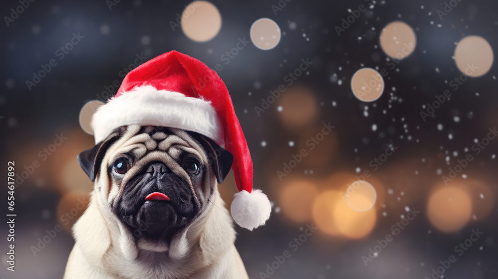 Pug Dog in Santa Claus Hat with Christmas Background, Festive Season, Copy Space. Generative AI
