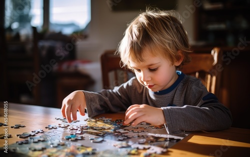 Child boy doing a puzzle. Generative AI photo