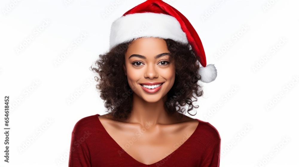a closeup photo portrait of a beautiful young black african american female lady model smiling laughing. wearing a red santa cap hat at christmas. isolated on white studio background. Generative AI a closeup photo portrait of a beautiful young black african american female lady model smiling laughing. wearing a red santa cap hat at christmas. isolated on white studio background. Generative AI