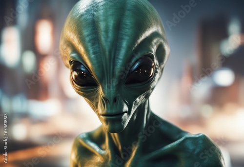 Alien face portrait, blurred night city background. Humanoid character look at camera. UFO horizontal banner. Extraterrestrial green face, generated by AI