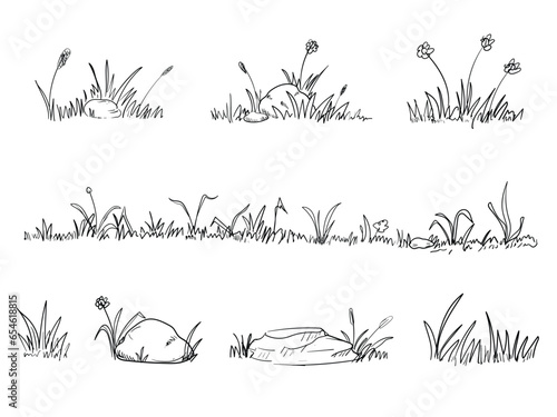 Set of grass doodle elements. Hand drawn grass field outline scribble