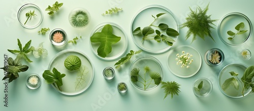 Petri dishes and plants on light green background in a flat lay composition