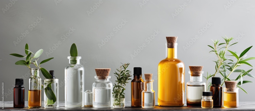 Lab equipment glass bottle grey backdrop Nature based medicine cosmetic analysis bio research organic skincare Lab equipment glass bottle grey backdrop Nature based medicine cosmetic analysis bio research organic skincare