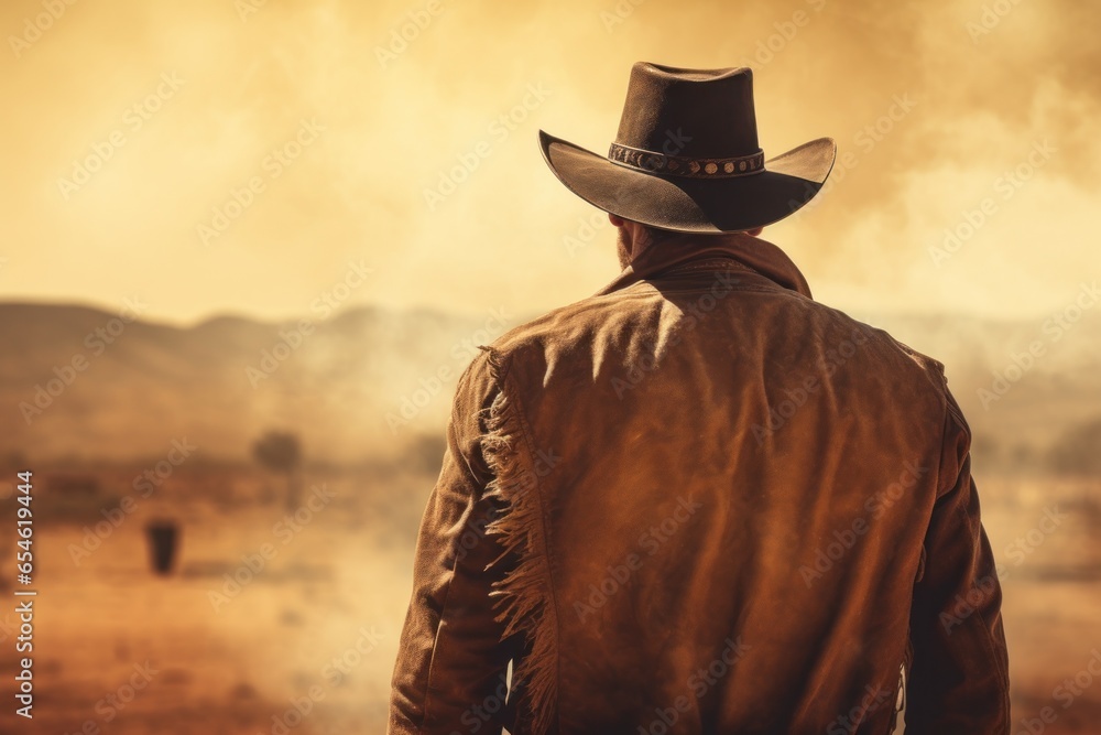 Western films cinematic character stand his back, blurred desert background. Wild West horizontal banner. American cowboy generated by AI - obrazy, fototapety, plakaty 