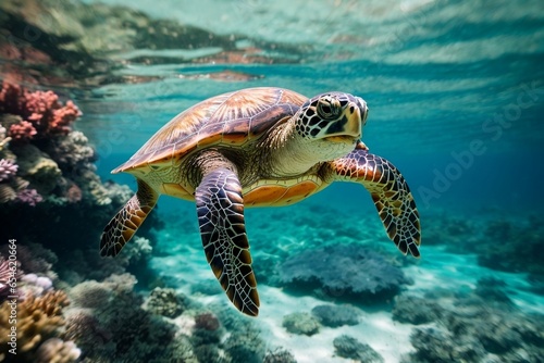 Generative Ai, Sea Turtle in crystal Clear Waters swimming in coral reef