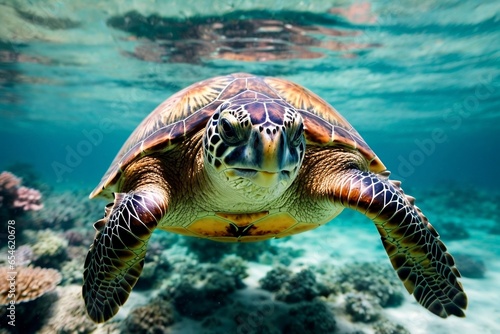Generative Ai, Sea Turtle in crystal Clear Waters swimming in coral reef