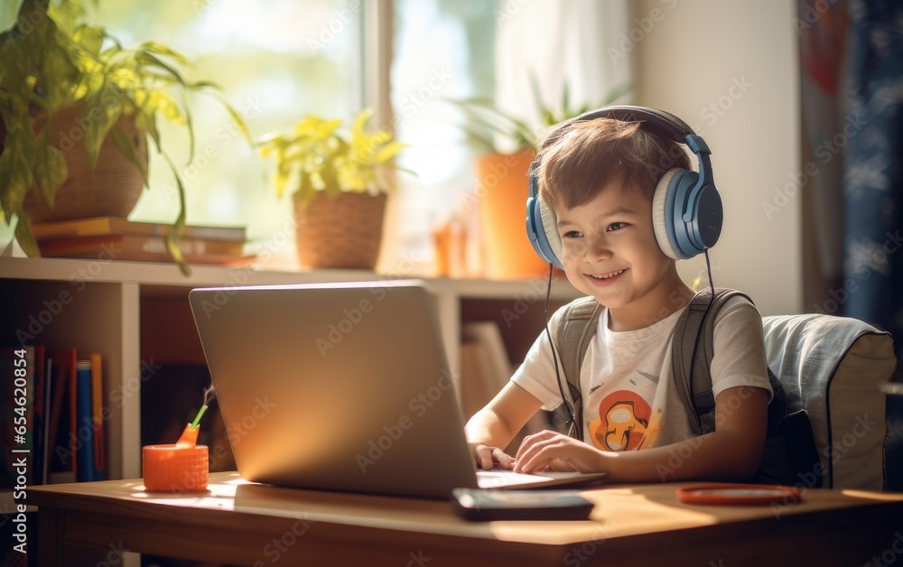 A lovely and charming child boy happily teaching an online class for children from his computer. Generative AI A lovely and charming child boy happily teaching an online class for children from his computer. Generative AI