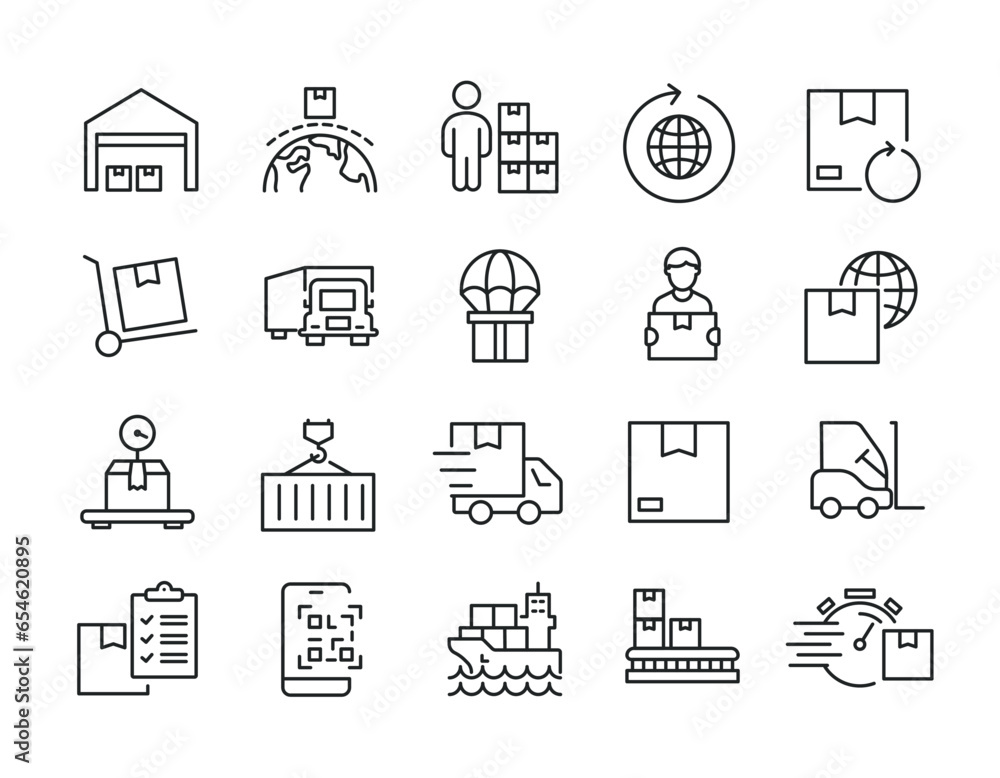 Delivery, distrubuting, warehouse, shipment thin line icons. Editable stroke. For website marketing design, logo, app, template, ui, etc. Vector illustration. Delivery, distrubuting, warehouse, shipment thin line icons. Editable stroke. For website marketing design, logo, app, template, ui, etc. Vector illustration.