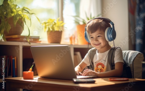 A lovely and charming child boy happily teaching an online class for children from his computer. Generative AI