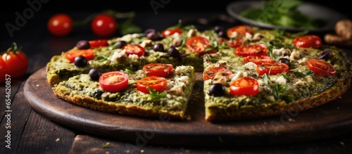 Vegan pizza crust with spinach pesto tomatoes onion and olives