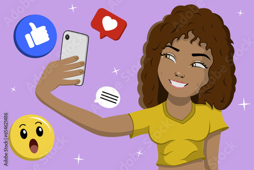 vector de mujer tomándose una foto, ilustración de redes sociales, vector femenino, concepto creativo digital