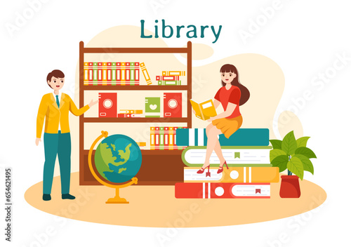 Library Vector Illustration of Book Shelves with Interior Wooden Furniture for Reading, Education and Knowledge in Flat Cartoon Background Design