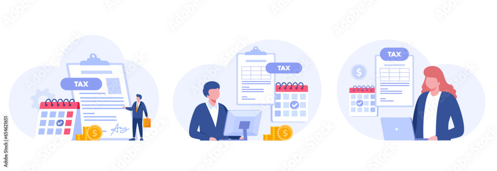 Paying tax, income tax, business tax consultant, finance and accounting, document tax, revenue, flat vector banner for landing page website - obrazy, fototapety, plakaty 