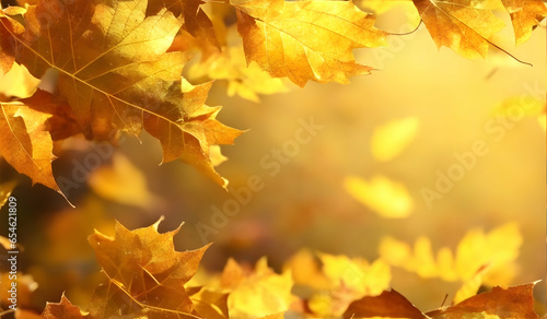 Autumn background with yellow maple leaves on green bokeh background