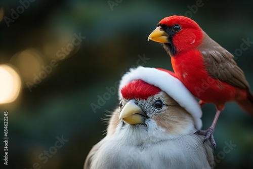 Adorable love bird and parrot wearing red santa claus hat christmas tree in the background, Generative AI.
