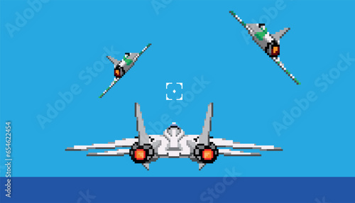 Pixel art biplane plane icon for 8 bit game on light blue background