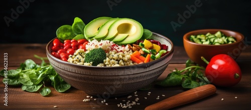 Vegetarian Buddha bowl with chickpea avocado quinoa fresh veggies and lime dressing Clean and healthy