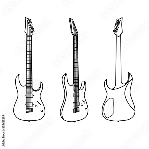 Vector illustration of Outline silhouette of electric guitar, stringed musical instrument vector outline line art, front, isometric and rear view, isolated on white background