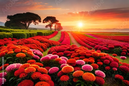 flower field at sunset generated by AL the technology