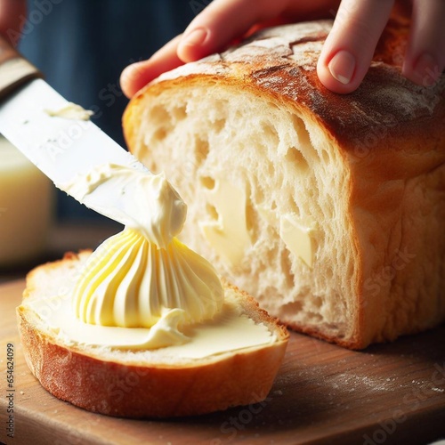 baked loaf of bread being spread with creamy butter