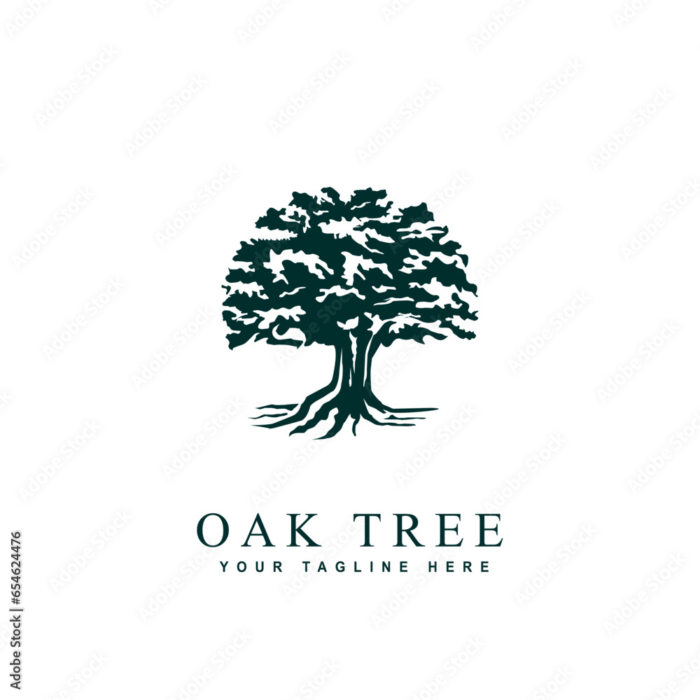 Vector silhouette of oak tree with sun. Nature and ecology logo design template