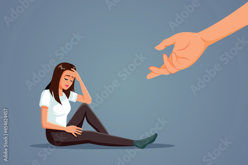Anxious Young Woman Receiving Help Vector Conceptual Illustration. Sad young victim finding help and solidarity in psychotherapy 
