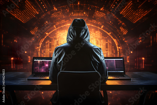 Hacker hacked firewall on laptop. Anonymous scammer steals user personal data. Cybersecurity, cyber attack, personal data protection concept. Generative Ai photo