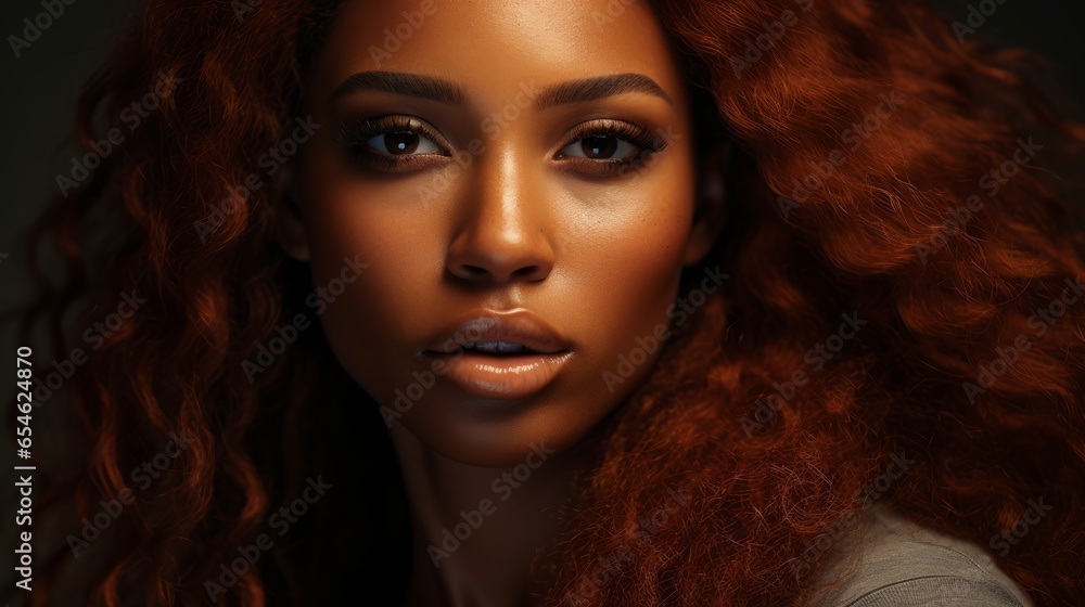 Beautiful Black American Woman with Stunning Copper-Colored Hair and Glamorous Makeup Beautiful Black American Woman with Stunning Copper-Colored Hair and Glamorous Makeup