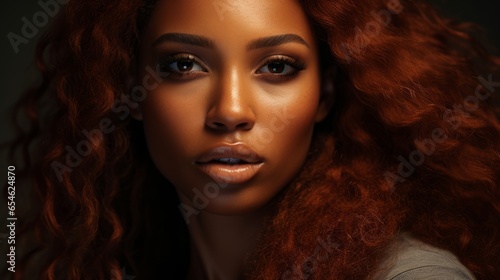Beautiful Black American Woman with Stunning Copper-Colored Hair and Glamorous Makeup
