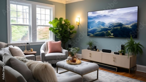 Cozy living room with smart TV and streaming