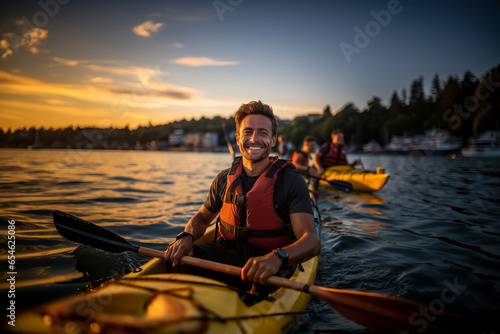Portrait of happy man paddling kayak at sunset on lake