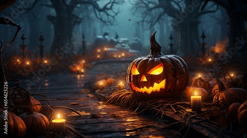 Halloween pumpkin head jack lantern with burning candles, Spooky Forest with a full moon and wooden table, Pumpkins In Graveyard In The Spooky Night Halloween Background 