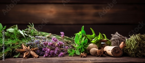 Medicinal herbs on wooden background Plant based remedy photo