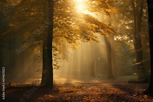 Golden trees in the autumn forest with sun rays