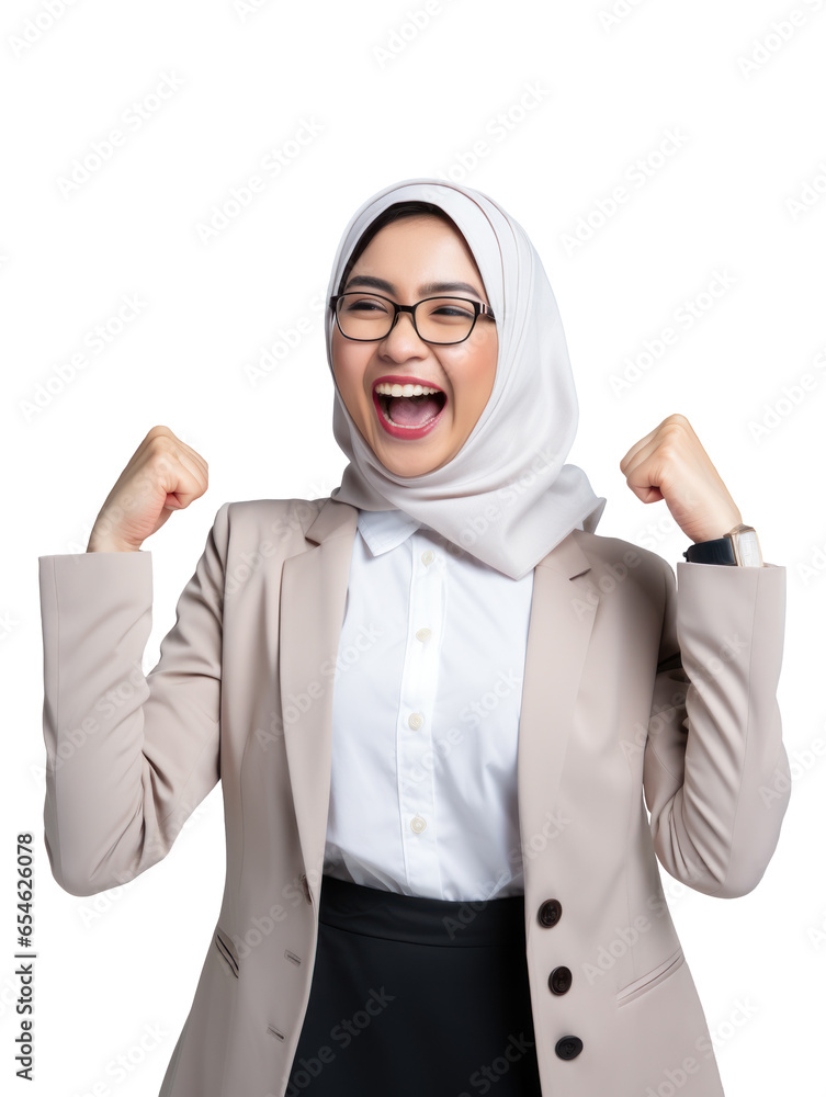 Excited cheerful hijab woman, cheers and clenches fists, sign of success Excited cheerful hijab woman, cheers and clenches fists, sign of success