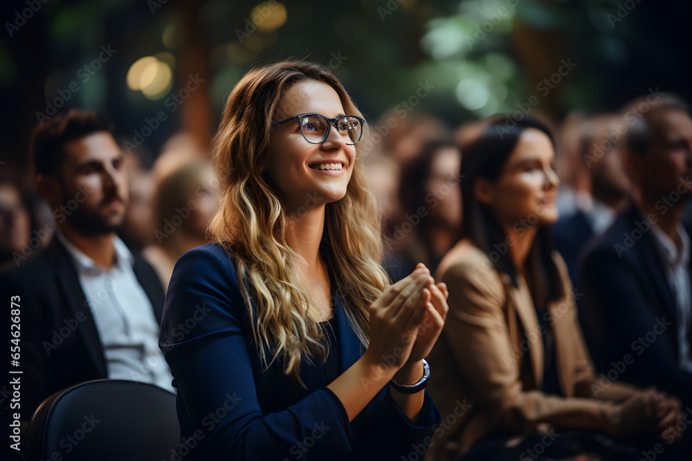 Female Attendee Clapping After a Motivational Keynote Speech. Young Woman Sitting in a Crowded Audience at a Business Conference. Generative Ai Female Attendee Clapping After a Motivational Keynote Speech. Young Woman Sitting in a Crowded Audience at a Business Conference. Generative Ai