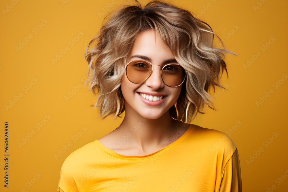 Portrait of a fashionable happy teenager woman looking at the camera over yellow color background., copy space. Generative Ai.