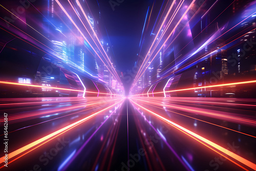 Light abstract speed motion in urban highway road, night scene. Speeding sports car on neon highway. long exposure red, blue, violet, orange. Generative Ai