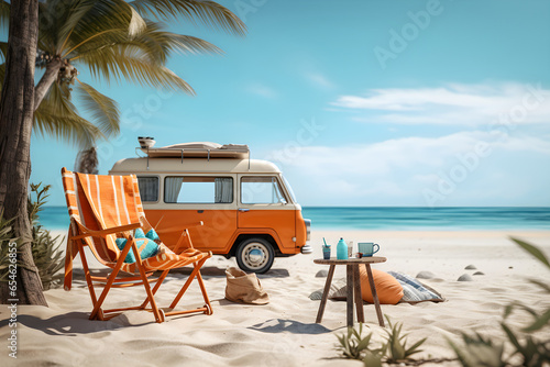 Ready for summer travel. Illustration orange van with coconut palm tree, beach chair and beach accessories. Summer and holiday concept. Generative Ai